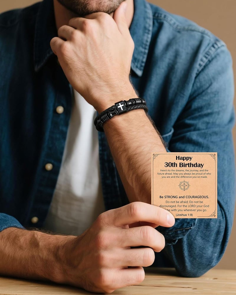 UNGENT THEM Joshua 1:9 Encouraging Christian Birthday Gifts for Boys Teens Men, Bible Verse Leather Cross Bracelet - Image 2
